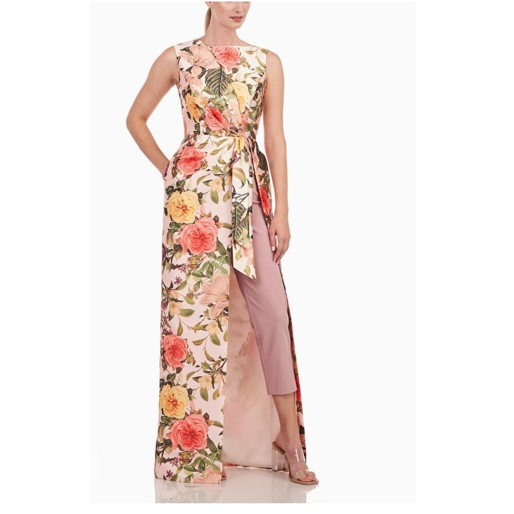 Kay Unger Pink Floral Sleeveless Jumpsuit with Sash